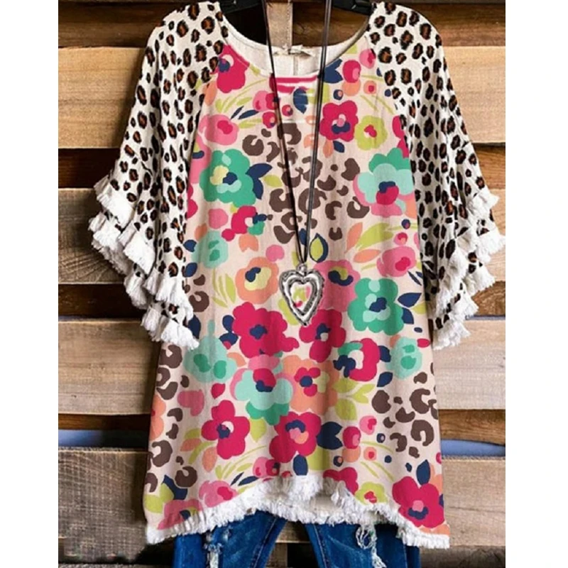 

Lugentolo Leopard Tshirt Women Summer Fashion Ruffles Short Sleeve Round Neck Plus Size Loose Tees for Women