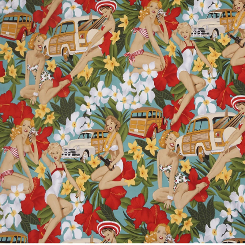 

Hot Summer Sexy Lady Car Leaf 98/3 Cotton Spandex Elastic Printed Fabric Patchwork Floral Stretchable Fabric Party Home Decor