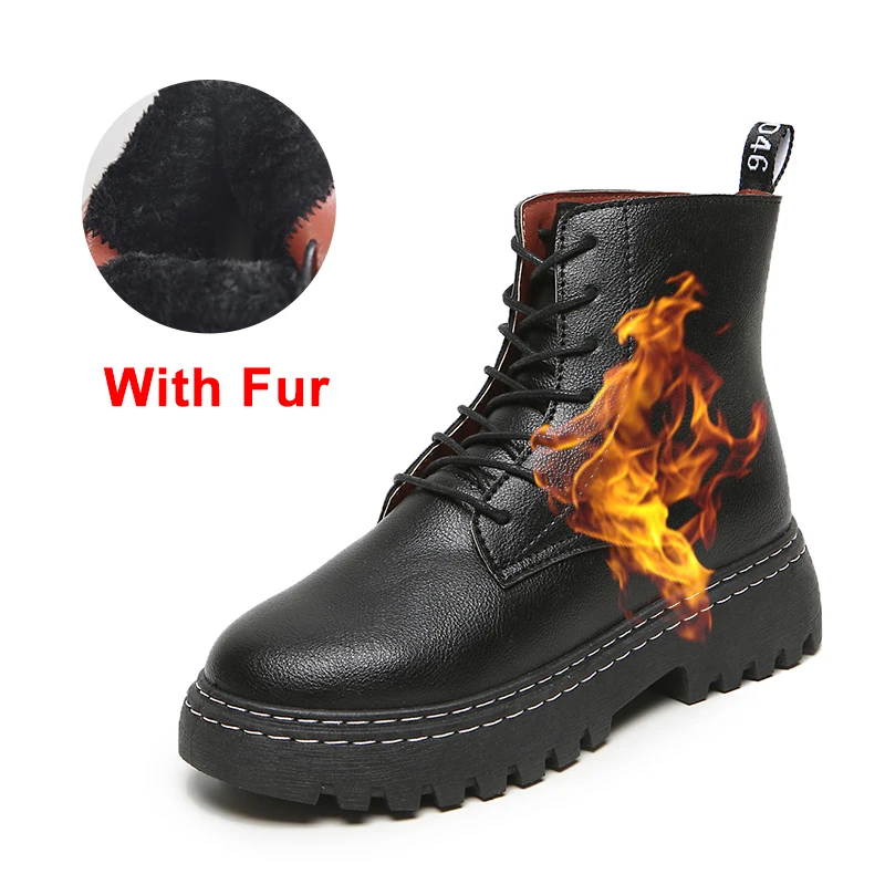 B022 PU With Fur WeiDeng/женские ботильоны; модные уличные зимние ботинки из натуральной кожи на шнуровке; классические военные ботинки; Повседневная обувь в стиле панк с высоким берцем - Цвет: B022 PU With Fur