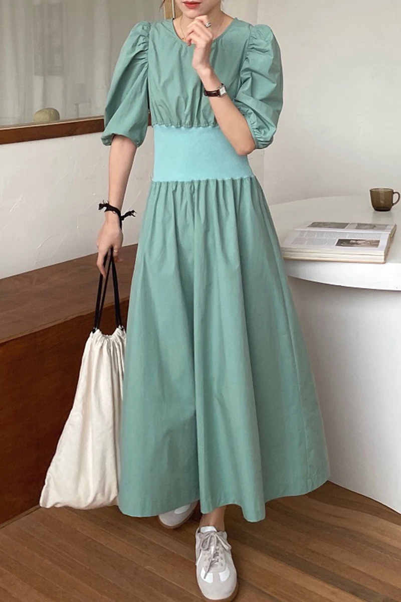 

ZOSOL Woman's Chic Elegance round Neck Wrinkles Waist Thin Puffed Sleeves Loose Long Expandable Type Dress