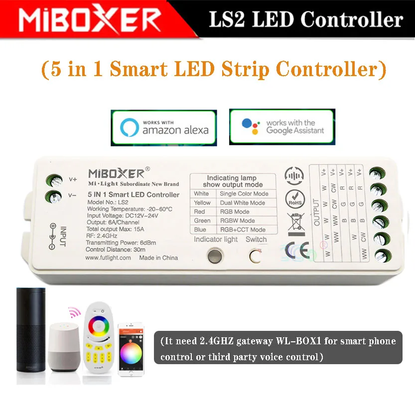 Moboxer WL5 WiFi 5 in 1 LED Controller LS2 2.4G Remote controller DC12V 24V  Single Color/CCT/RGB/RGBW/RGB CCT Lamp Tape dimmer