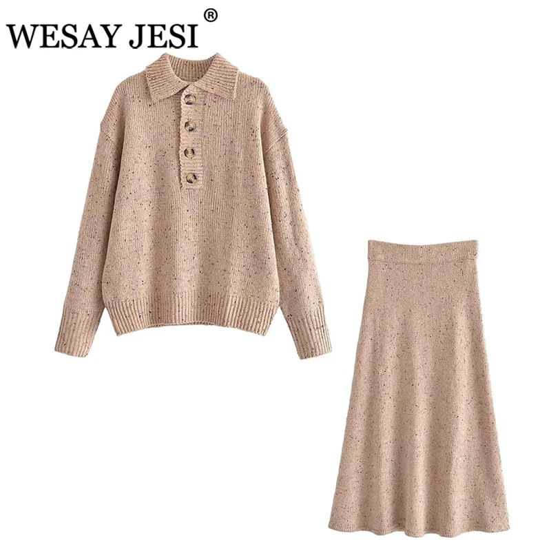 

WESAY JESI Зимний вязаный костюм с длинным рукавом пуловер на пуговицах повседневные теплые женские костюмы с юбкой хаки женский однотонный сво...