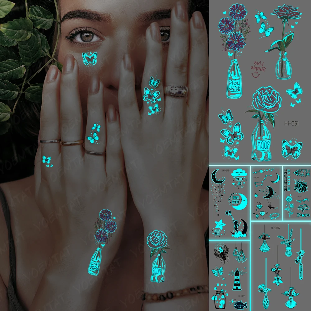

Cute Glow Tatoo Rose Flower Butterfly Music Symbol Cartoon Waterproof Temporary Tattoo Sticker Kids Finger Face Fake Tatto Women