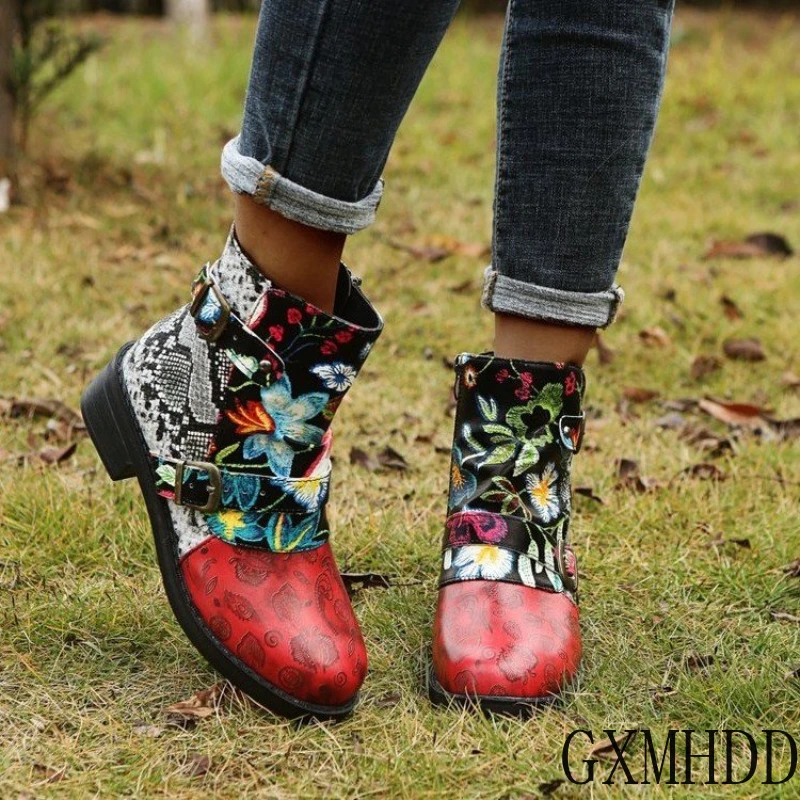 

2021Women New Fashion PULeather Splicing Pattern Square Heel Short Boots Fashion Boots Comfortable Leisure Hot Women Boots KP143