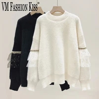 2020 winter womens sweater lace decoration round neck loose pullover sweater non shedding sweater bottoming shirt one size