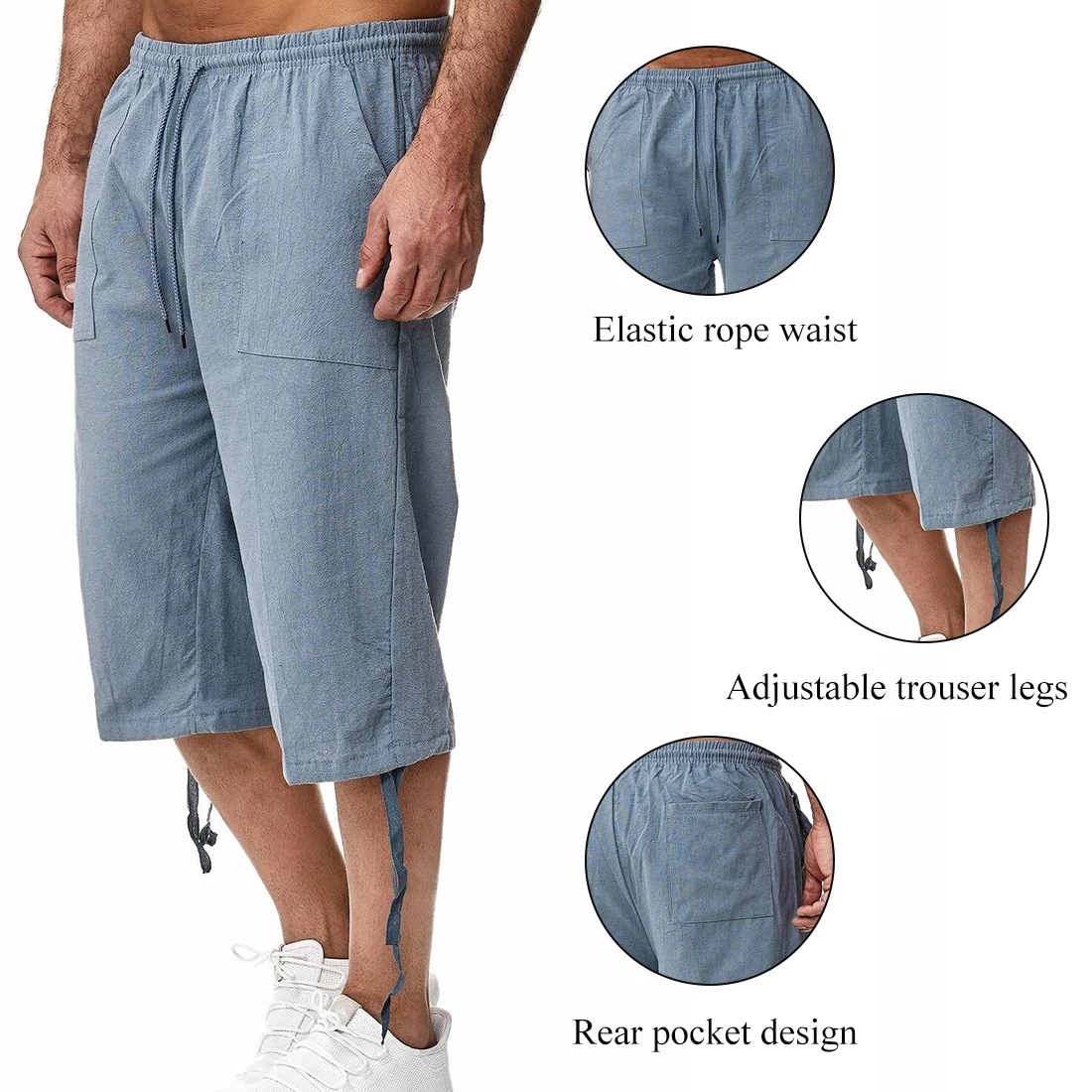 

Linen Short Men 3/4 Length Knee Cotton Large High Waist Plus Size 3XL Bermuda L1 Shorts Male Long Men's Summer Breeches