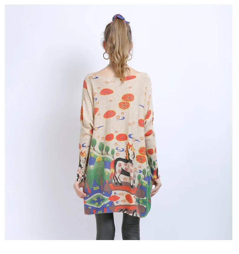 

Cartoon Print Sweaters Women Batwing Long Sleeve Loose Oversized Sweater Fashion Knitted Pullover Outerwear Pull Mujer TA6359