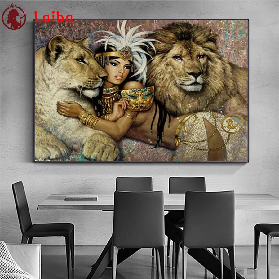 

DIY Diamond Painting Ancient Egyptian Sexy Ladies Women and The Lion King Full Square Diamond Cross Stitch sets Handmade Gift