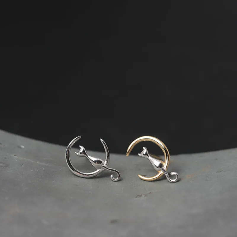 Серьги-гвоздики Flyleaf из стерлингового серебра 100% пробы в виде милой Луны и кота