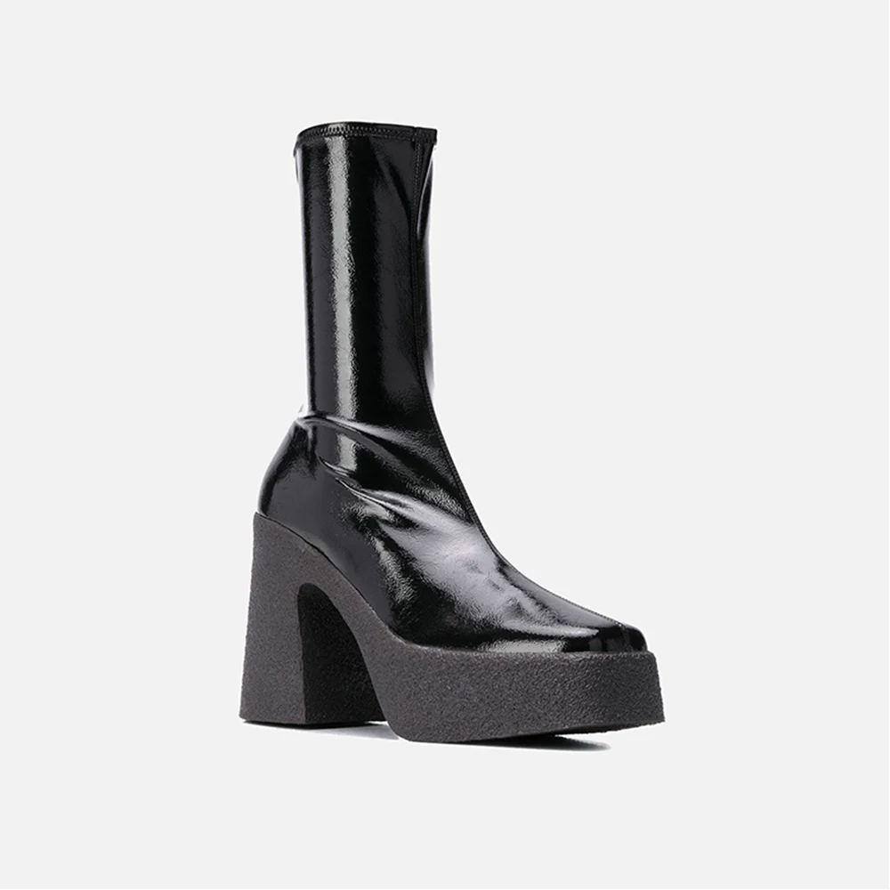 MUMANI Woman‘s Stretch ANKLE Boots Platform Super High Heel 9CM Leather Orange Square Toe Lady Shoes Square Heel Modern Boots