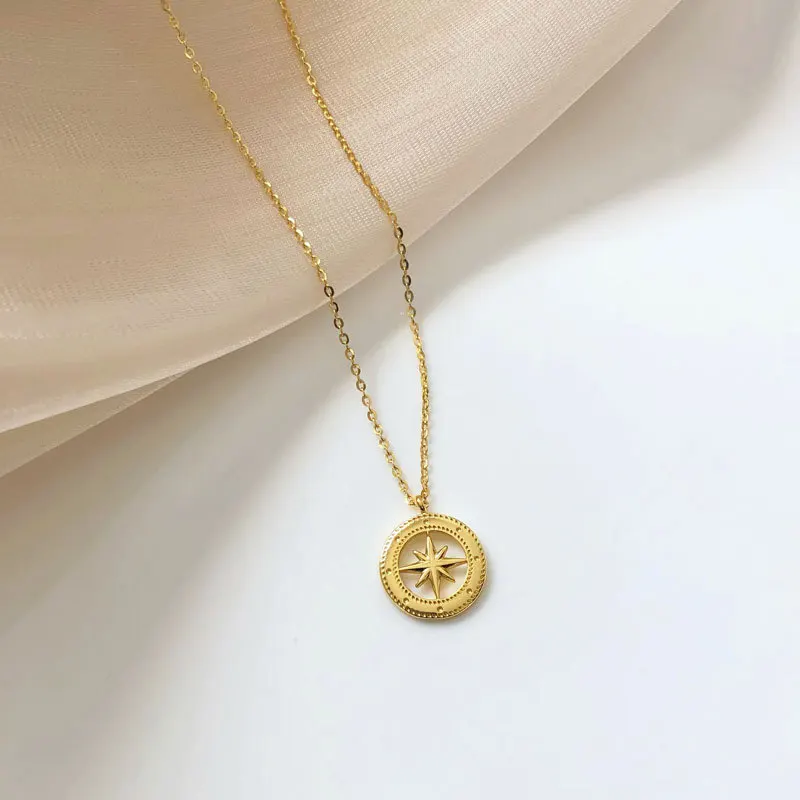 

S925 Silver Temperament Simple Eight-Pointed Star Cut-out round Brand Necklace Pendant Woman Gift Party Jewelry Necklace 2021
