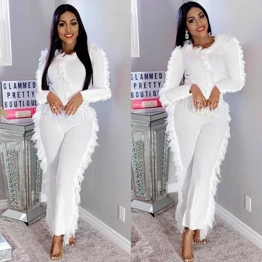 

Autumn Winter Knitted Tassel Two Piece Outfits for Women Matching Sets Top and Pants Suit Sexy Nigh Party Club Birthday Outfits