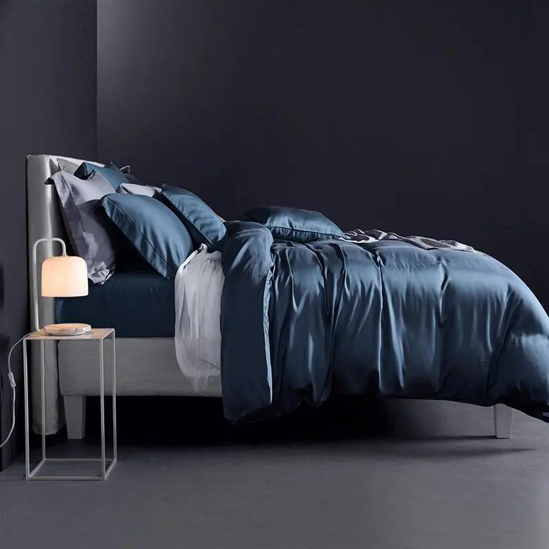 

Solid color summer soft tencel silk bed sheet fitted sheet king size queen bedding set Blue duvet cover soft set parure de lit