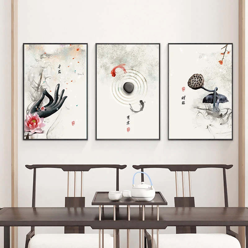 Новые китайские чернила Лотос цветы Будда рука и рыба настенная Художественная