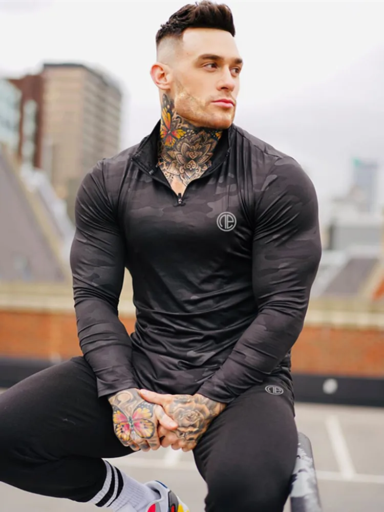 Новинка осенние стильные спортивные футболки Мужская камуфляжная облегающая