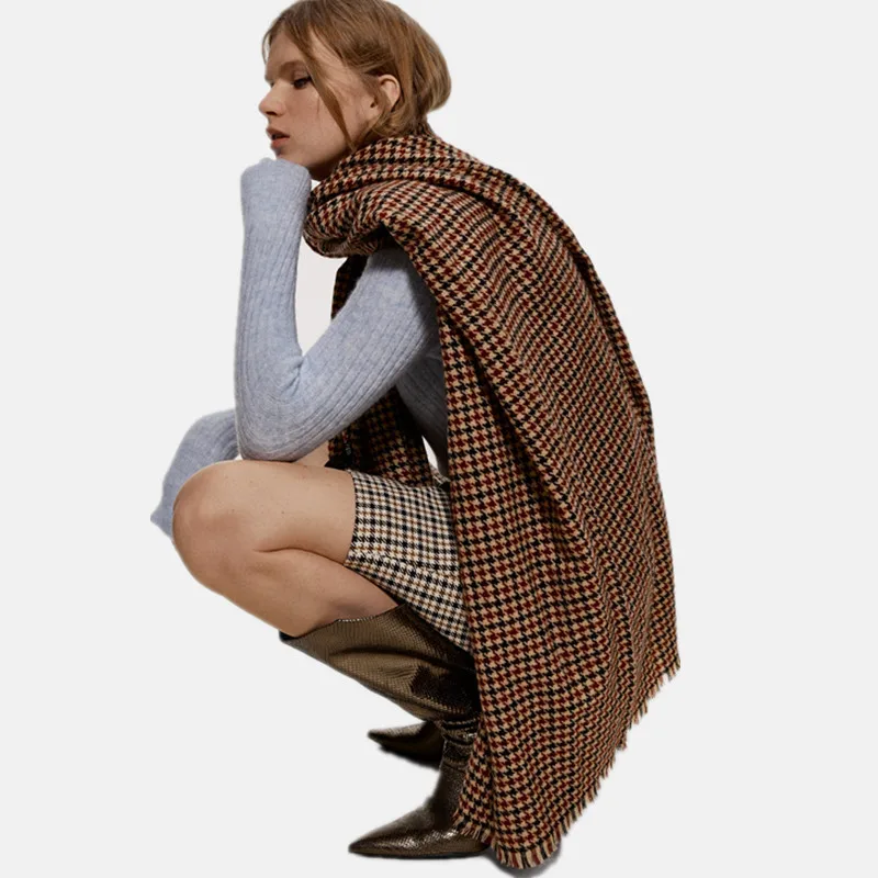 Зимний мягкий кашемировый шарф POBING женский клетчатый в клетку с птицами