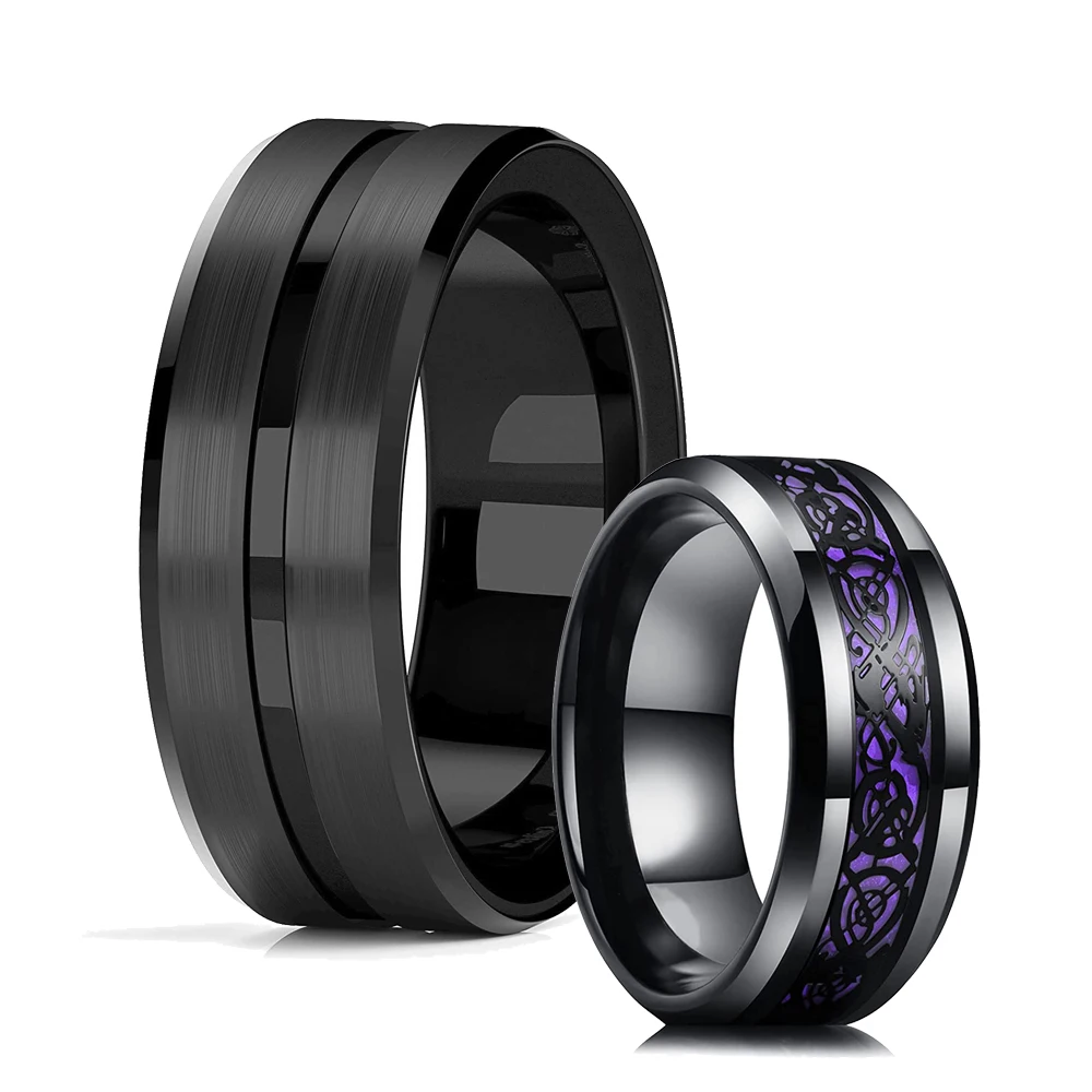

2021 Trendy 8mm Black Groove Beveled Edge Black Tungsten Wedding Celtic Dragon Ring For Men Inlay Purple Carbon Fiber Ring