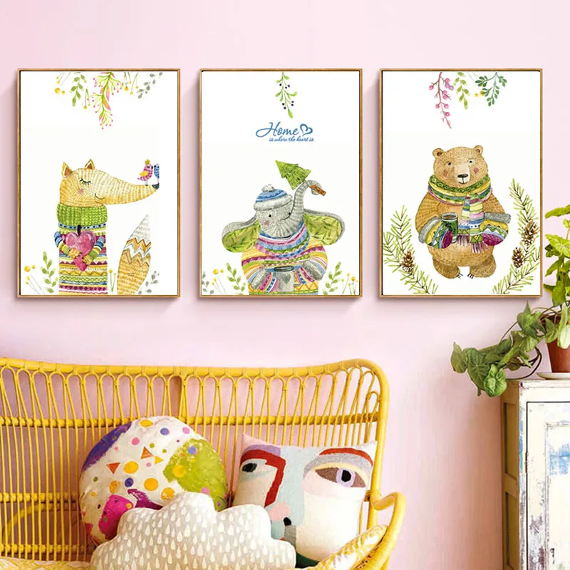 

Children's Room Decoration Cute Bear Fox Elephant Color Cartoon Animal Canvas Printing Frameless Decorative Art Poster