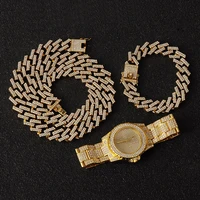 1 hip hop necklace watchbracelet bling iced miami zircon cuban prong paved rhinestone bracelet necklace for men jewelry gift