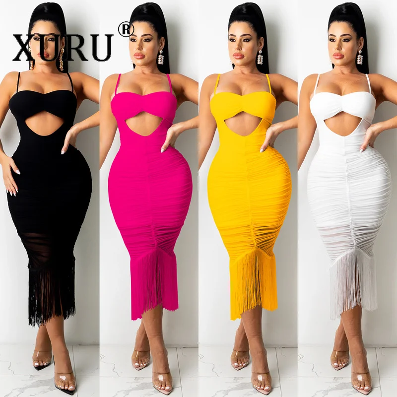 

XURU Sexy Sling Wrap Chest Hollow Flow Beard Dress European and American New Products Nightclub Dress Women's Clothing