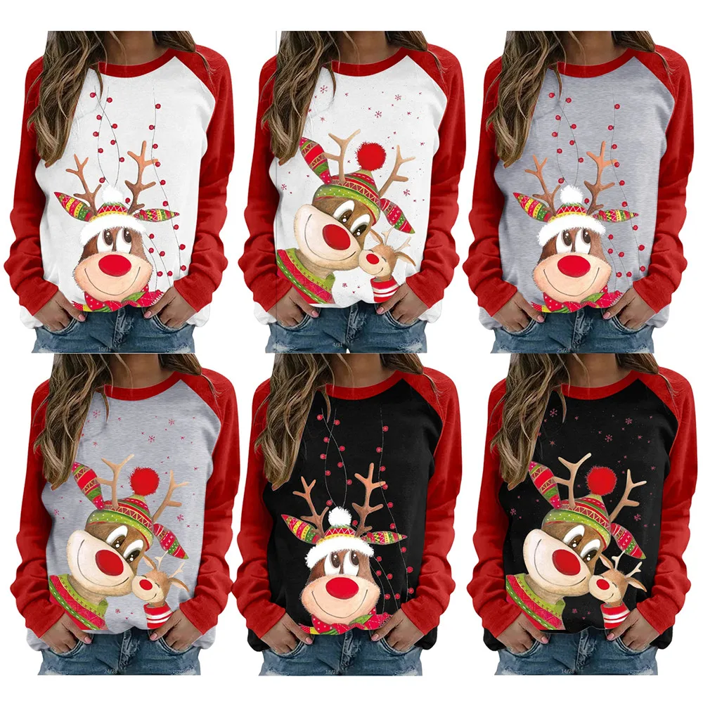 

Women Christmas Reindeer Printed Pullover Tops Lady Fall Winter Casual Long Sleeve T-Shirts Festival Holiday Costume Outfits
