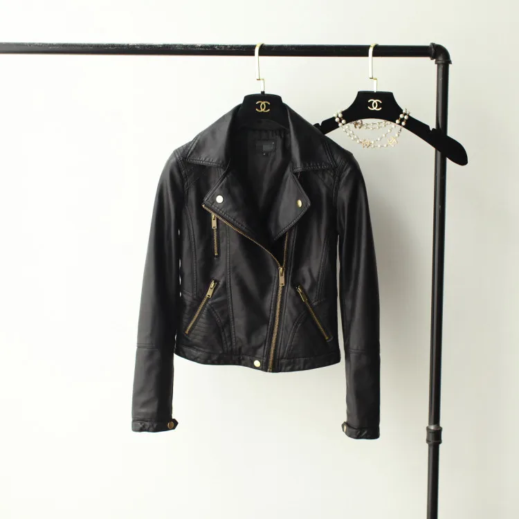 

2019 spring and autumn leather women's short slim Pu Lapel fashion small leather motorcycle leather jacket Korean short coat