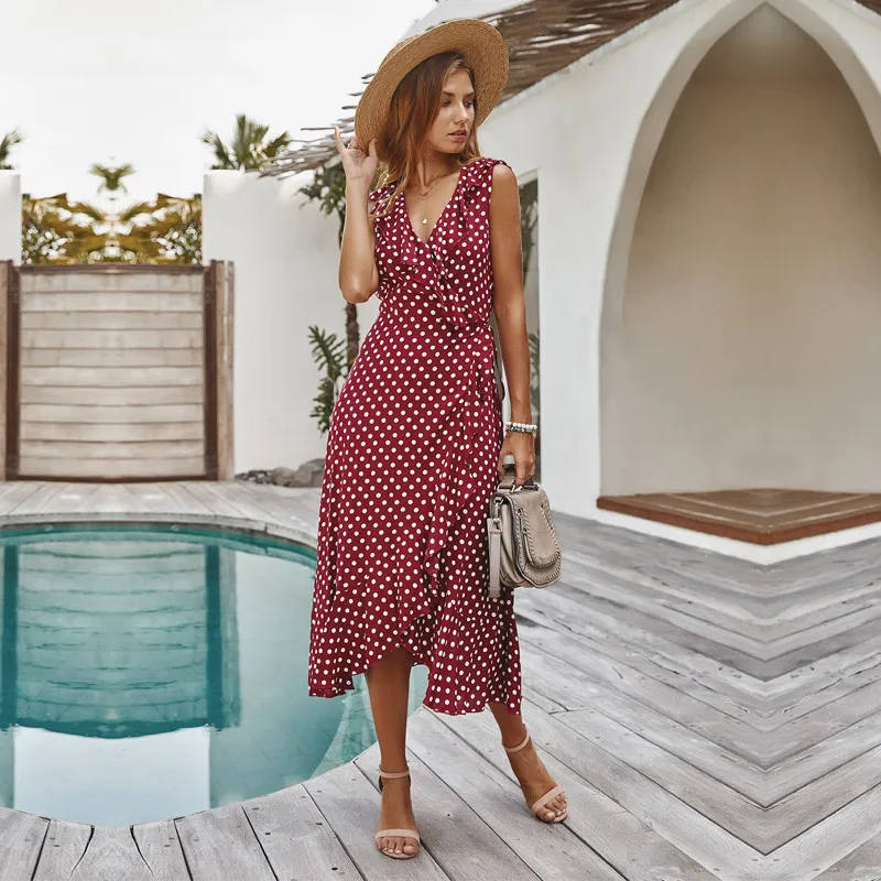 

Summer Ladies Sexy Spaghetti Strap Dot Dress Women Sleeveless Print Ruffles V-neck High Waist Mid-calf Dress 2021 New