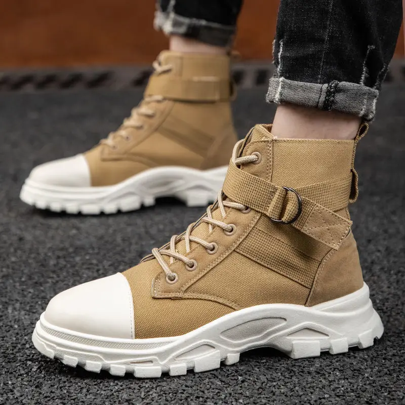 

Fashion Mens Casual Ankle Boots High Top Canvas Shoes Men Combat Boots Outdoor Retro Single Boots Male Platform Sneakers 39-44