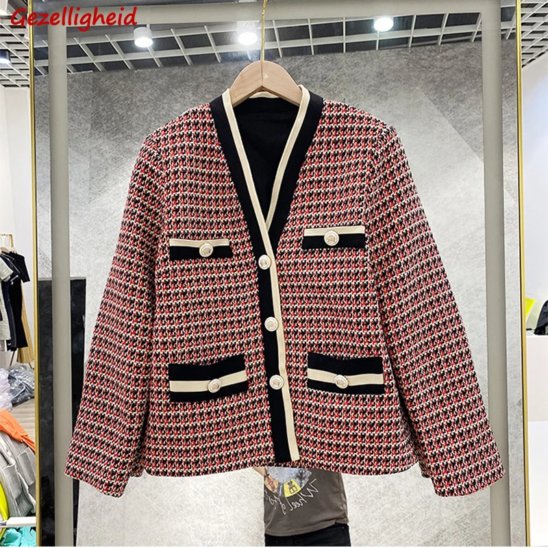 

Gezelligheid 2021 Early Autumn Plaid Jacket Fashion Elegant Short Cardigan Women V-Neck Casual Short Jacket Breasted Female Coat