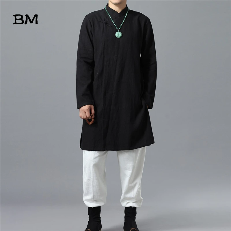 Uomo cinese Vintage moda Casual camicie lunghe colletto alla coreana camicie a maniche lunghe capispalla abiti Kongfu uomo