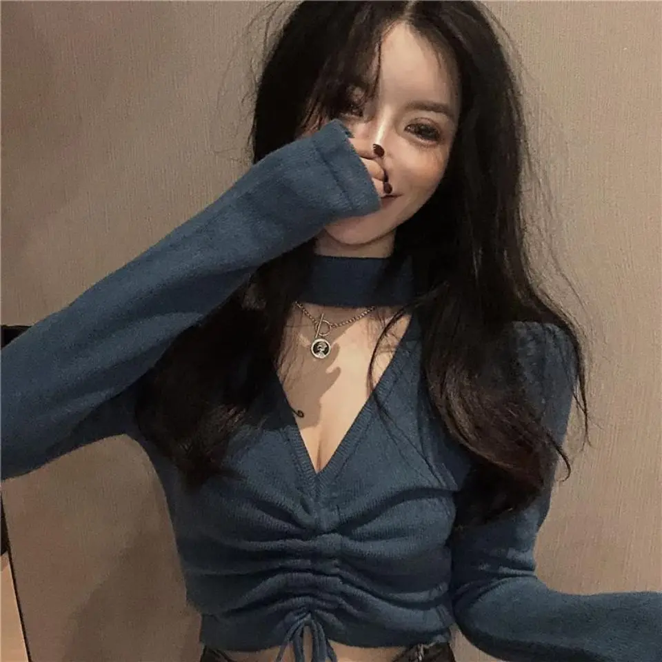 

Drawstring collar blue sweater women's autumn new slim thin hedging bottoming long-sleeved short inner top