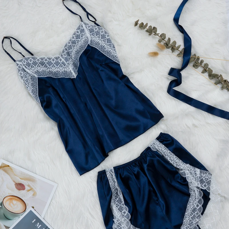 Women's Sleepwear Sexy Satin Pajama Set White Lace V-Neck Pyjamas Sleeveless Cute Cami Top and Shorts Pijamas Summer