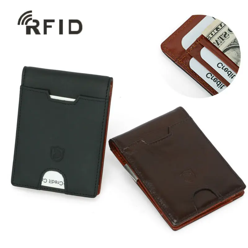Тонкий минималистичный кожаный кошелек с передним карманом и блокировкой RFID