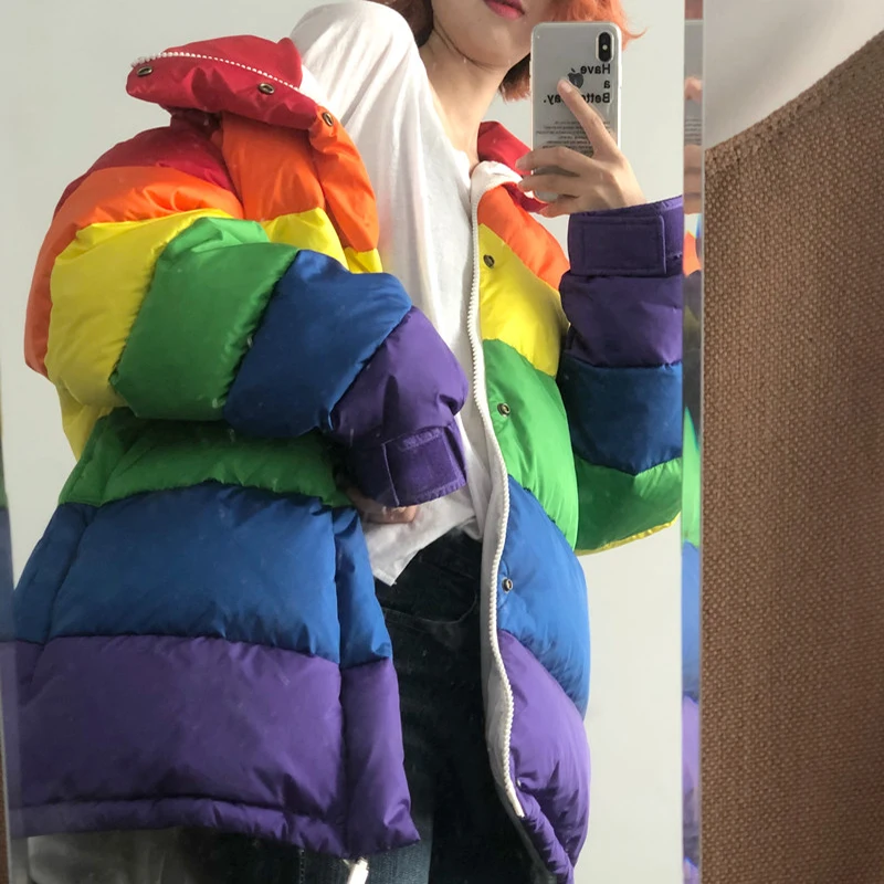 U-SWEAR Harajuku Winter Casual Jacket Women Rainbow Wadded Parka Plus Size Loose Striped Coat Femme Chaqueta Mujer u swear harajuku winter casual jacket women rainbow wadded parka plus size loose striped coat femme chaqueta mujer
