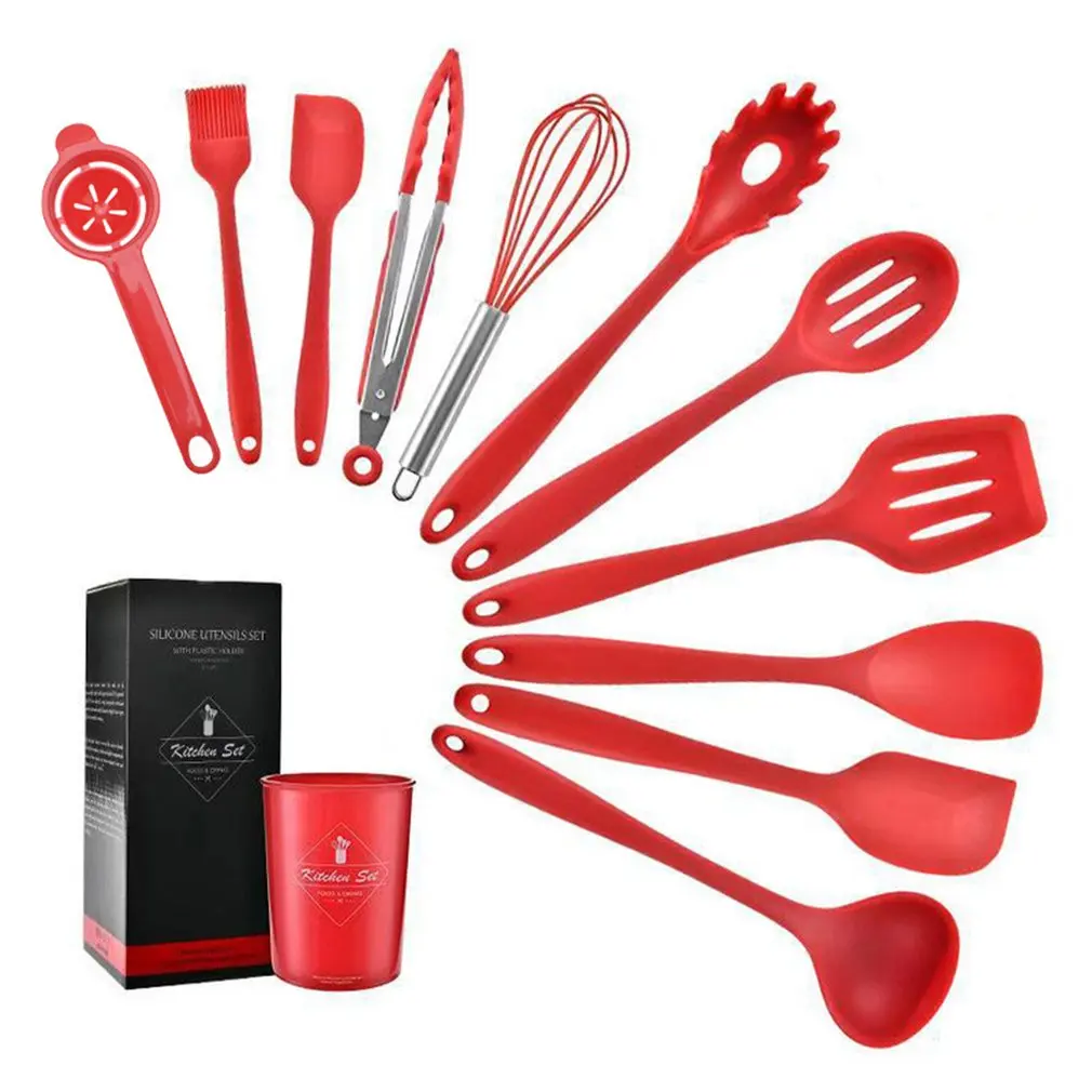

10pcs Silicone Kitchenware Non-stick Cookware Cooking Tool Spatula Ladle Egg Beaters Shovel Spoon Soup Kitchen Utensils Set