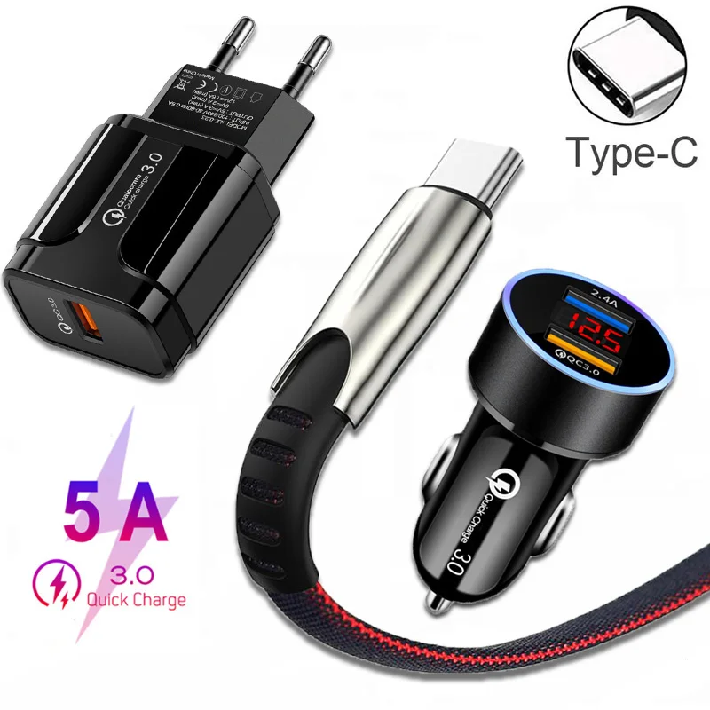 

Dual USB Ports QC 3.0 Car Charger Fast Wall Charger Adapter 5A Type-c USB Cable For Samsung S20 S10 S9 S8 + A30 A50 A70 A51 A71