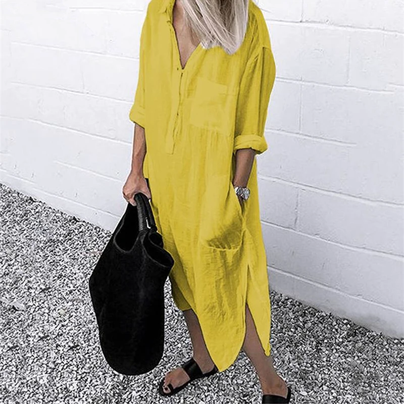 

Women Loose Solid Dresses Solid Color Pocket Loose Casual Long Sleeve Shirt Dress Casual Ladies Office Shirt Dresses Fashion New