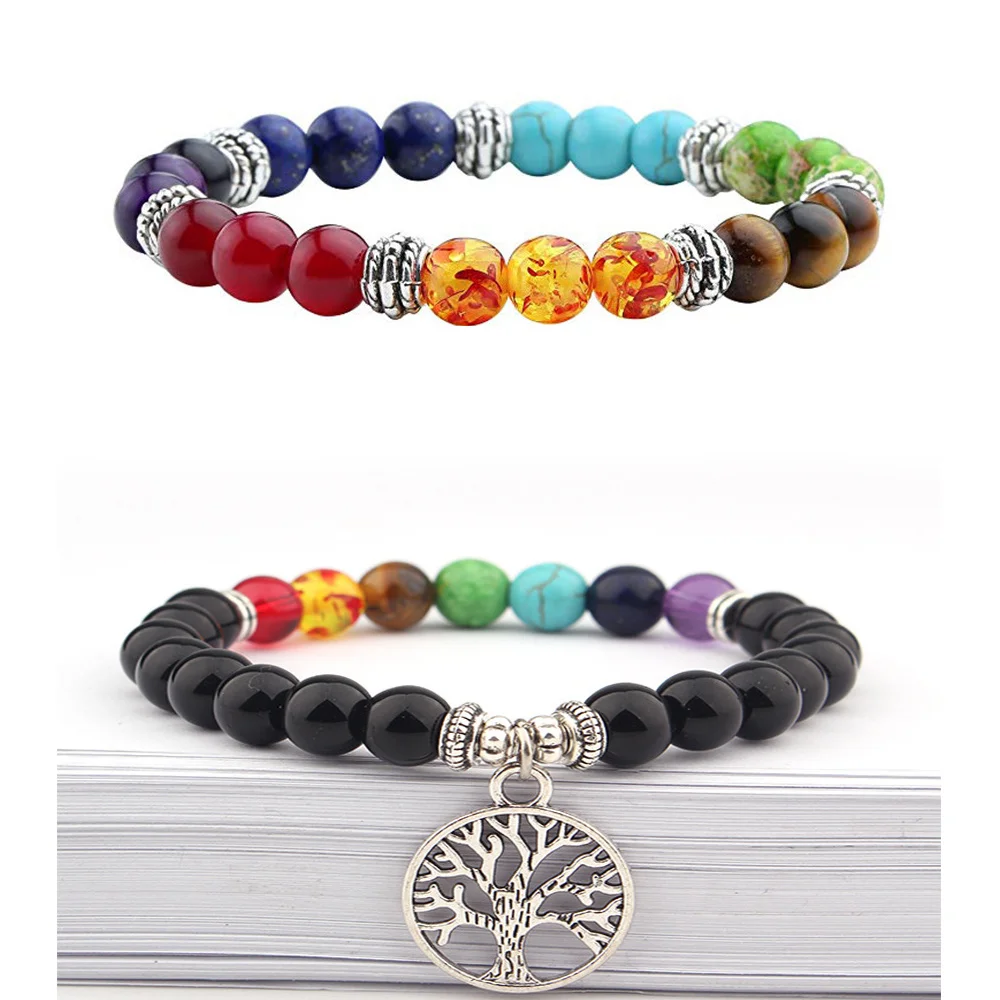 

Natural stone 7 chakra energy Buddha bead bracelet tiger eye stone Lapis Beaded tree of Life Pendant colorful Bracelet For Women