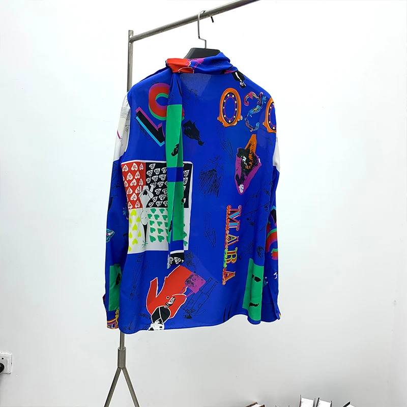 

New Heavy silk crepe DE chine long ribbon sets high collar coat women long sleeve shirt