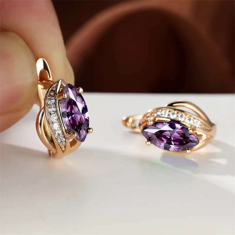 

Vintage Marquise Cut Purple Crystal Rose Gold Color Geometric Clip on Hoop Earrings Wedding Engagement Banquet Jewelry for Women
