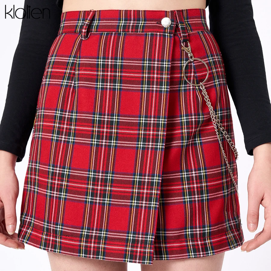 KLALIEN spring Vintage red Plaid mini skirts Women 2019 summer fashion office lady club party casual short pleated mujer | Женская