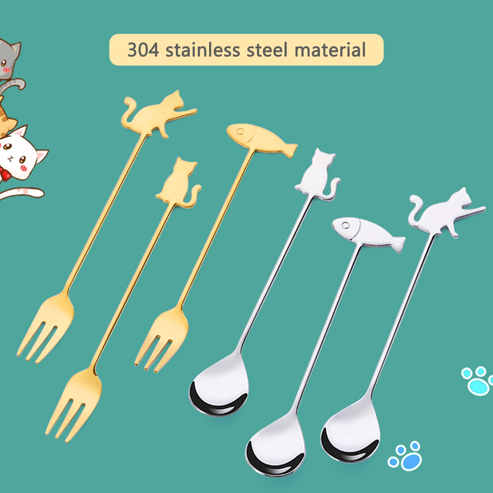

Japanese Fruit Tableware Spoon Set Cat Fish 304 Stainless Steel Fork Spoon Creative Tableware Fruit Fork Coffee Spoon 6pcs/set