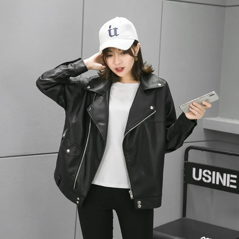 

Autumn Faux Soft Leather Pu Jacket Women Loose Punk Coat Female Turndown Collar Moto Biker Rivet Zipper Street Overcoat