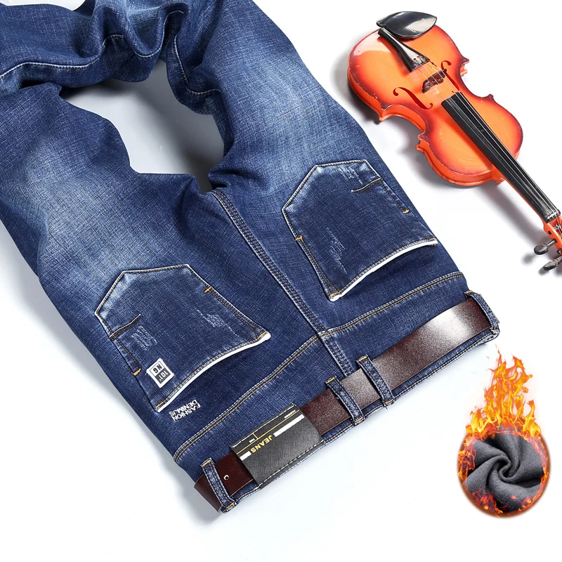 Men'S Pants Jeans Winter Warm Black Blue Slim Business Denim Trousers Biker High Quality Male Straight Casual Designer