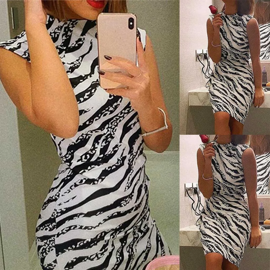 

High Elastic Waist Vintage Dress Women Print Midi Dress Lady Sexy Sleeveless Bodycon Dress Female Natural Casual Dresses