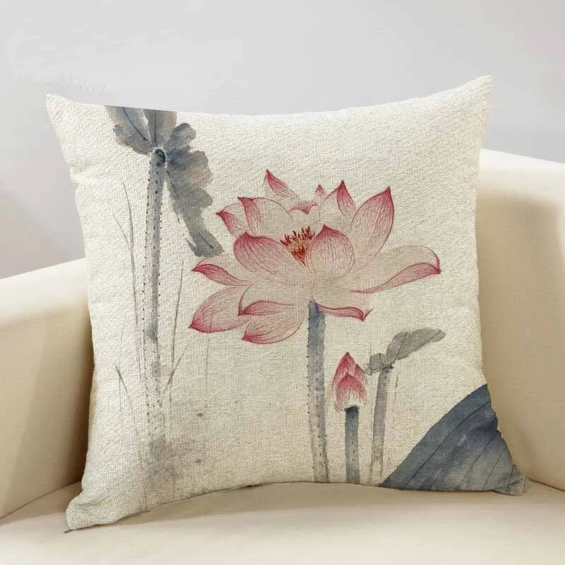 

40x40/45x45/50x50/40x60cm Chinese ink painting Lotus linen pillowcase sofa cushion cover for pillow case lumabr pillow cover