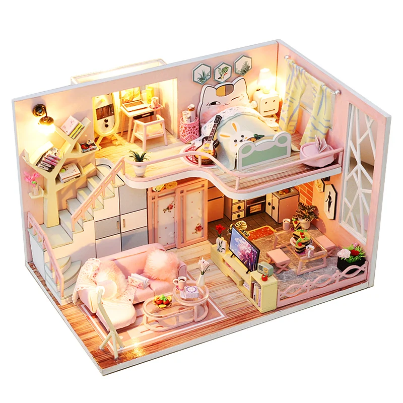 

Розовый кукольный домик «сделай сам», набор для кукольной комнаты для девочек, сборная миниатюра с мебелью, домик для кукол, игрушки для дет...
