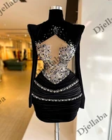 high neck black dress long sleeve crystal pleat evening gowns lllusion cocktail party for women elegant wedding party