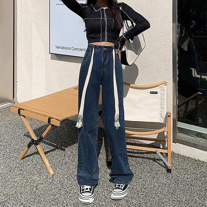 

Blue Grey Loose Drawstring Women's Jeans 2022High Waist Straight Tube Leisure Lazy Hanging Feeling Floor Dragging Wide Leg Pants