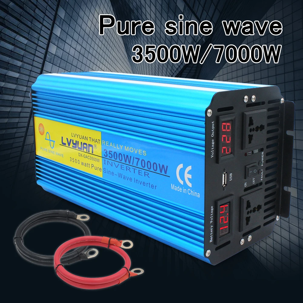 DC 12v TO AC 220V 240V 7000W Peak EU/Universal Socket Dual LED Display 3.1A USB Pure sine wave Power inverter (синий)|Инверторы для